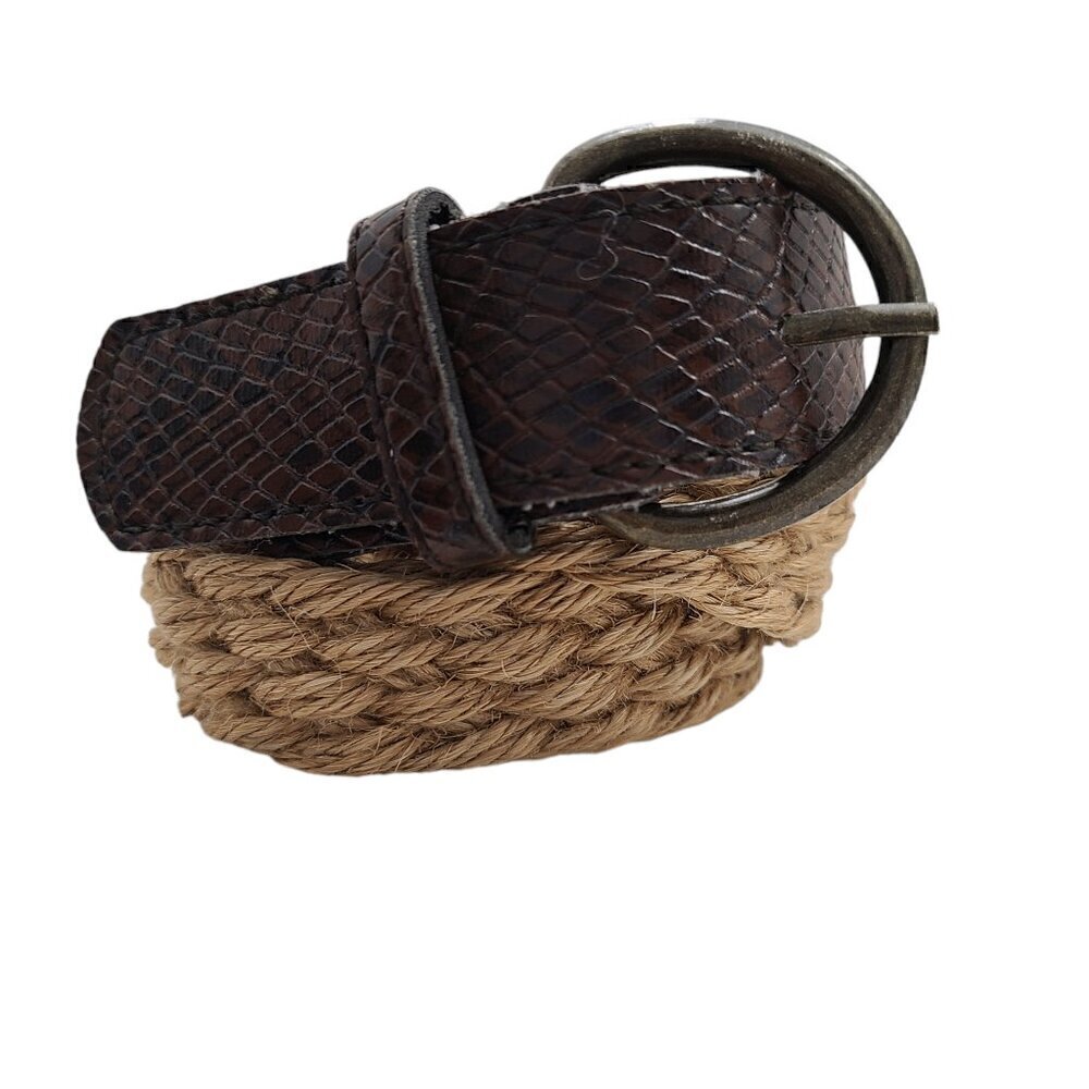 Vintage 80s 90s Women's Skinny Brown Leather Braided Woven Jute Straw Belt